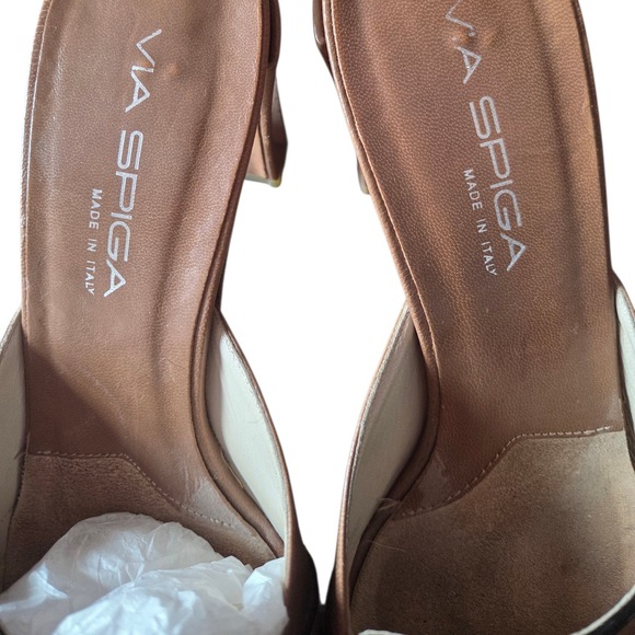 Via Spiga Italian Leather Mule Heels Brown Square Toe Slip On Size 7.5 - Picture 3 of 6